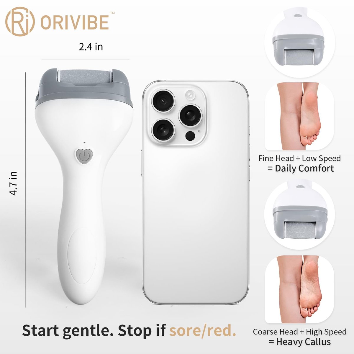 Orivibe Electric Callus Remover for Feet – 2 Speeds, Fine & Coarse Rollers, USB-C Rechargeable, 60-Min Runtime, Smooth Heels at Home - görsel 7