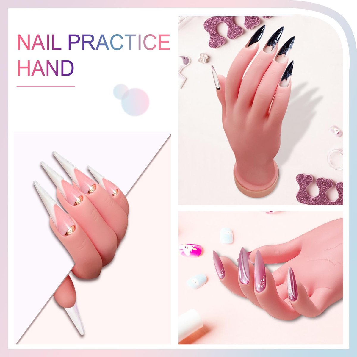 HungGato Silicone Practice Hand for Nail Training - Flexible Reusable Mannequin Hand with 48 Adhesive Tabs for Acrylic Nails, Gel Polish, Manicure & Nail Art Avelisse