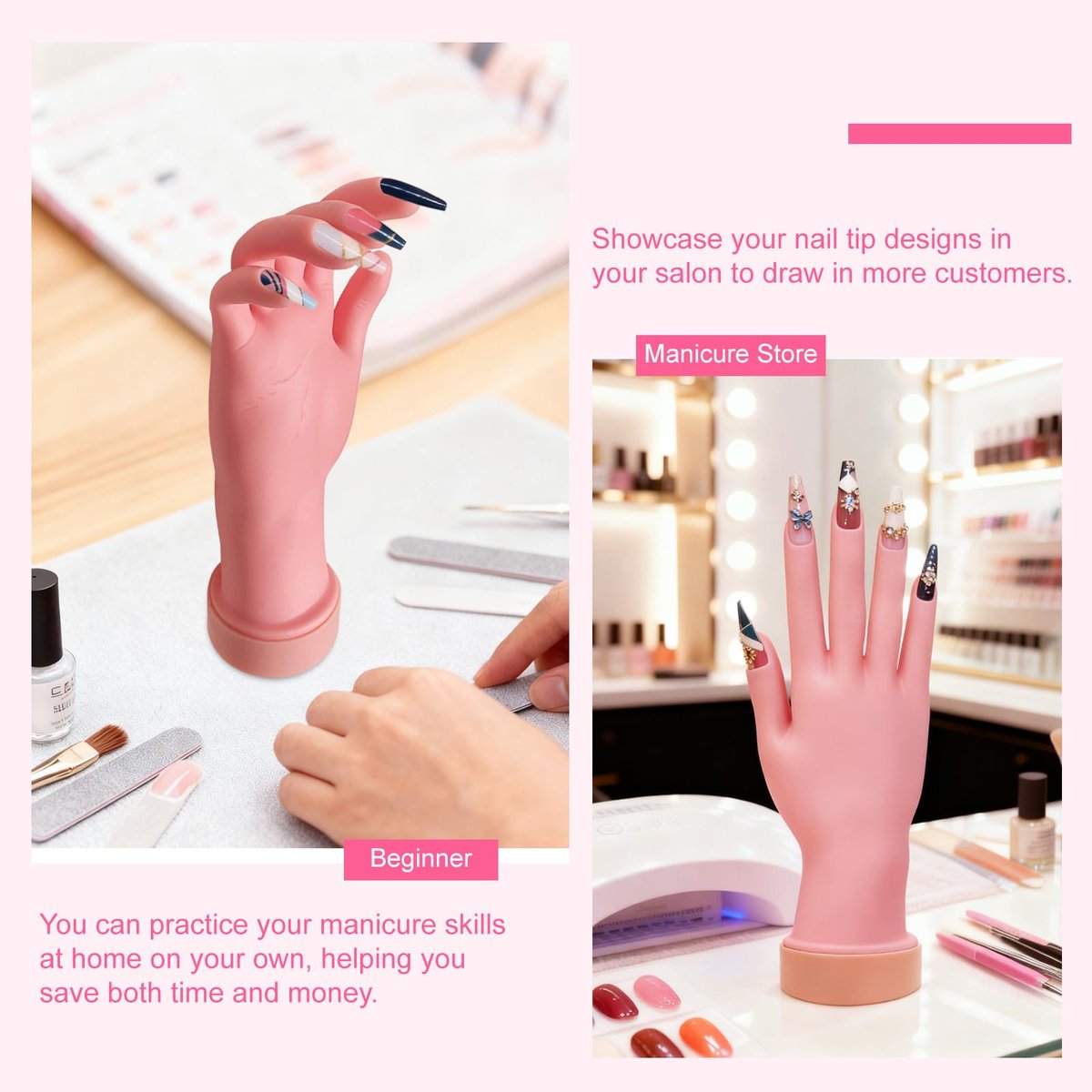 HungGato Silicone Practice Hand for Nail Training - Flexible Reusable Mannequin Hand with 48 Adhesive Tabs for Acrylic Nails, Gel Polish, Manicure & Nail Art Avelisse