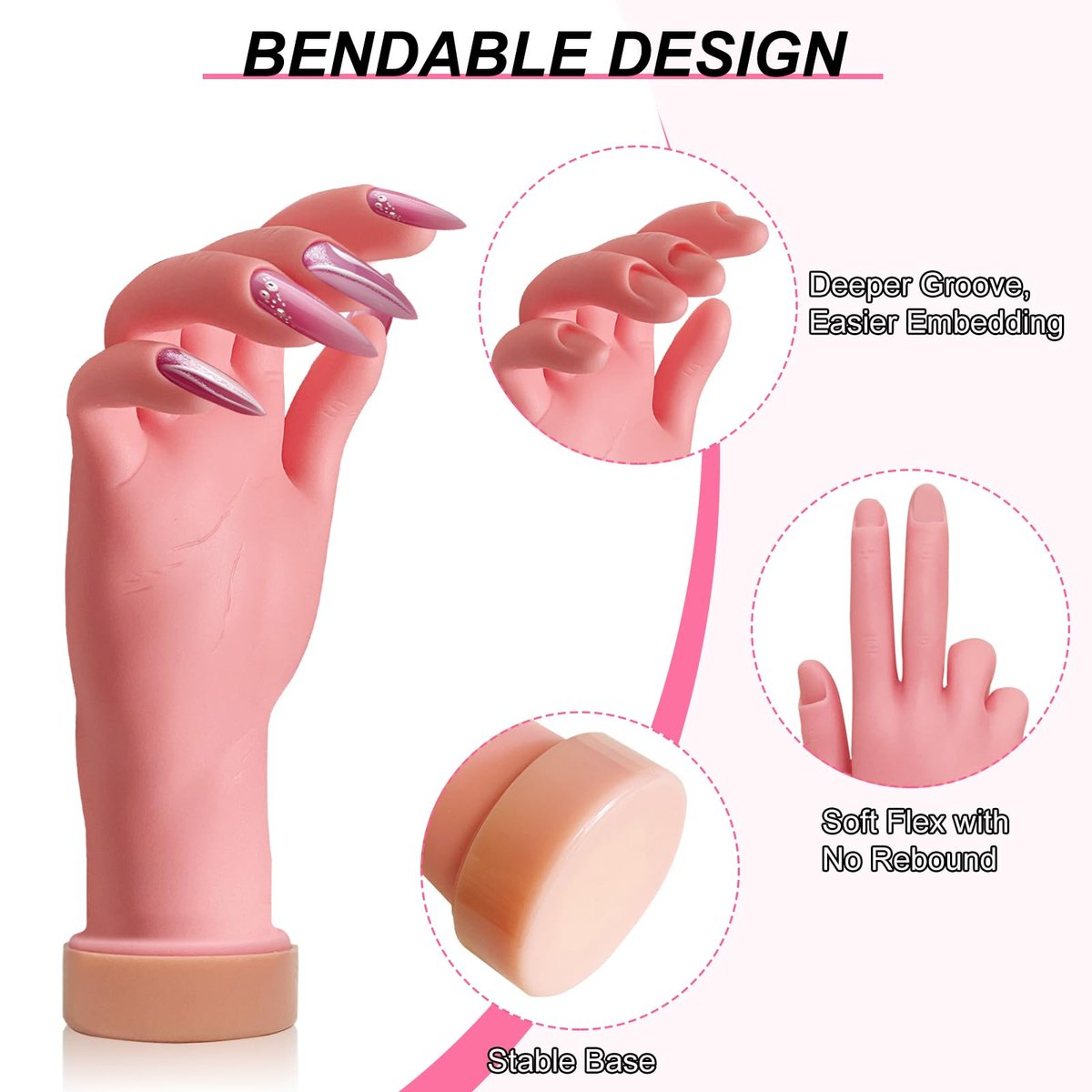 HungGato Silicone Practice Hand for Nail Training - Flexible Reusable Mannequin Hand with 48 Adhesive Tabs for Acrylic Nails, Gel Polish, Manicure & Nail Art Avelisse
