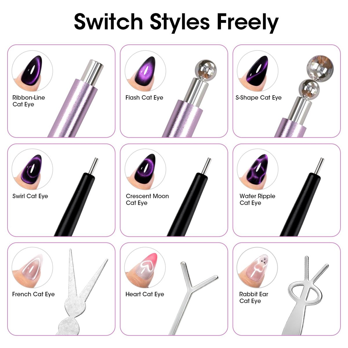 Gellen Cat Eye Magnet for Nails - 9-Piece Strong Magnetic Set with Double-Ended Pen, Ball Magnets, French Tip Guide, and Design Plates for Gel Nail Art - görsel 4