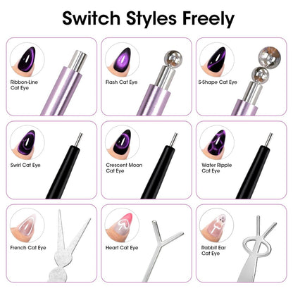 Gellen Cat Eye Magnet for Nails - 9-Piece Strong Magnetic Set with Double-Ended Pen, Ball Magnets, French Tip Guide, and Design Plates for Gel Nail Art