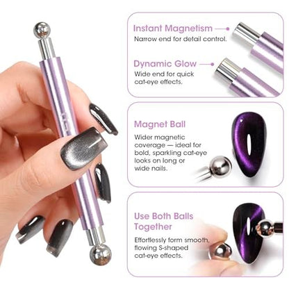 Gellen Cat Eye Magnet for Nails - 9-Piece Strong Magnetic Set with Double-Ended Pen, Ball Magnets, French Tip Guide, and Design Plates for Gel Nail Art
