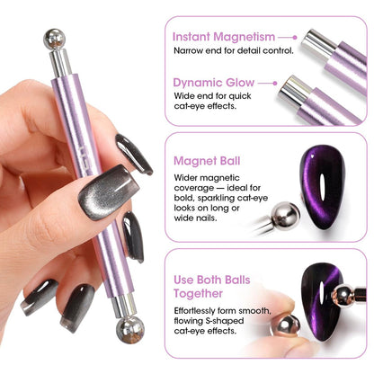 Gellen Cat Eye Magnet for Nails - 9-Piece Strong Magnetic Set with Double-Ended Pen, Ball Magnets, French Tip Guide, and Design Plates for Gel Nail Art
