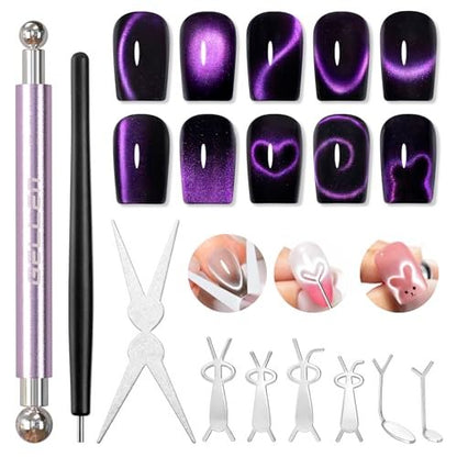 Gellen Cat Eye Magnet for Nails - 9-Piece Strong Magnetic Set with Double-Ended Pen, Ball Magnets, French Tip Guide, and Design Plates for Gel Nail Art