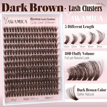 Dark Brown Lash Clusters 80D Fluffy Wispy Volume D Curl 10-18mm 240PCS by Yawamica