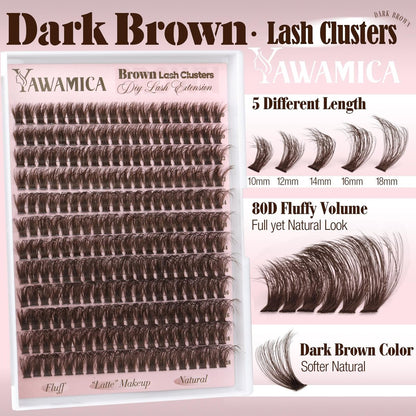 Dark Brown Lash Clusters 80D Fluffy Wispy Volume D Curl 10-18mm 240PCS by Yawamica