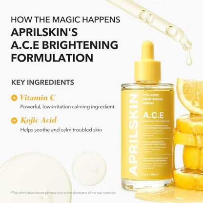 APRILSKIN A.C.E Serum - Vita Kojic Serum for Brightening & Glow, 3-Second Brightening, Kojic Acid & Vitamin C for Uneven Skin Tone, Korean Skin Care, 3.88 oz