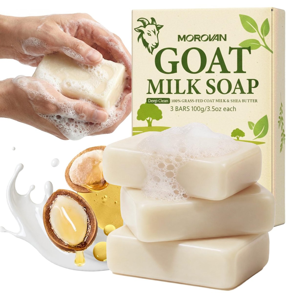 Morovan Goat Milk Soap Body Cleanser - 3 Bars (10.5 oz) Gently Cleansing & Moisturizing for All Skin Types, Gentle Formula for Dry Skin, Eczema & Sensitive Skin - Men & Women Daily Use Avelisse