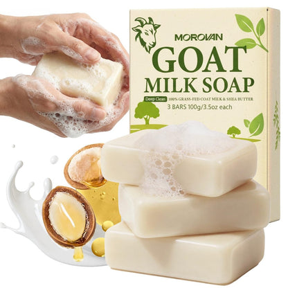 Morovan Goat Milk Soap Body Cleanser - 3 Bars (10.5 oz) Gently Cleansing & Moisturizing for All Skin Types, Gentle Formula for Dry Skin, Eczema & Sensitive Skin - Men & Women Daily Use Avelisse