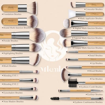 Mlemle Professional 26-Piece Makeup Brush Set - Bamboo Handle Kit with Sponges & Powder Puffs (Yellow)