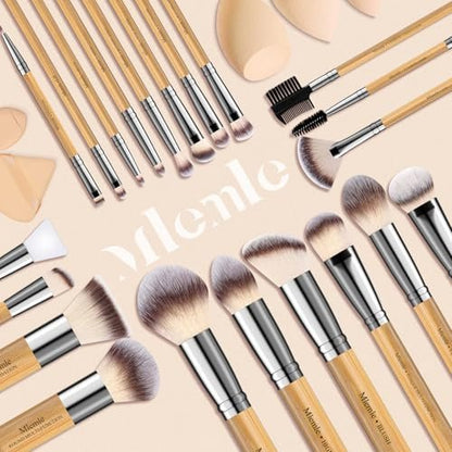 Mlemle Professional 26-Piece Makeup Brush Set - Bamboo Handle Kit with Sponges & Powder Puffs (Yellow)