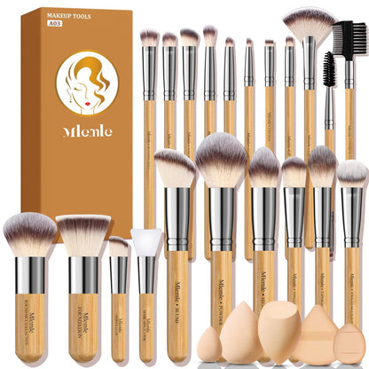 Mlemle Professional 26-Piece Makeup Brush Set - Bamboo Handle Kit with Sponges & Powder Puffs (Yellow)