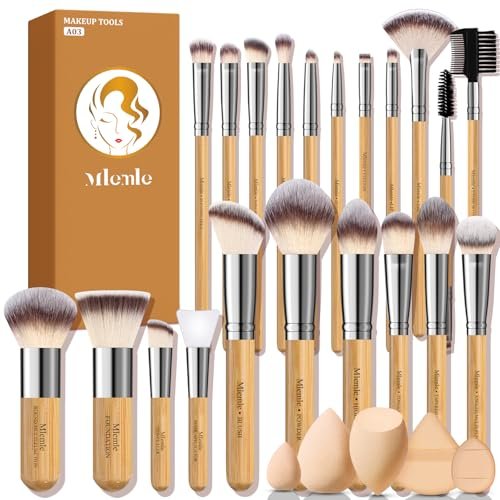 Mlemle Professional 26-Piece Makeup Brush Set - Bamboo Handle Kit with Sponges & Powder Puffs (Yellow) - görsel 2