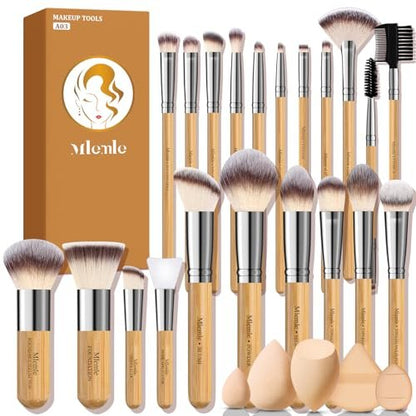 Mlemle Professional 26-Piece Makeup Brush Set - Bamboo Handle Kit with Sponges & Powder Puffs (Yellow)