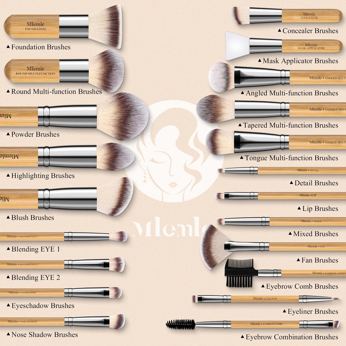 Mlemle Professional 26-Piece Makeup Brush Set - Bamboo Handle Kit with Sponges & Powder Puffs (Yellow) - görsel 5