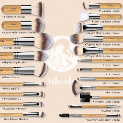 Mlemle Professional 26-Piece Makeup Brush Set - Bamboo Handle Kit with Sponges & Powder Puffs (Yellow)