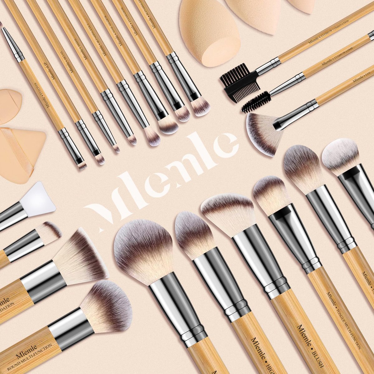 Mlemle Professional 26-Piece Makeup Brush Set - Bamboo Handle Kit with Sponges & Powder Puffs (Yellow) - görsel 13