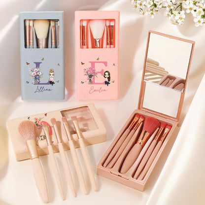 Callie Personalized Makeup Brush Set for Women – Custom Birth Flower Bouquet with Name Initial & Mirror – 5-Piece Gift Box