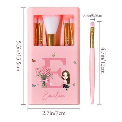 Callie Personalized Makeup Brush Set for Women – Custom Birth Flower Bouquet with Name Initial & Mirror – 5-Piece Gift Box