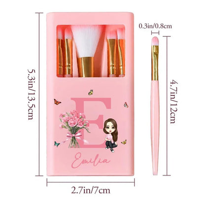 Callie Personalized Makeup Brush Set for Women – Custom Birth Flower Bouquet with Name Initial & Mirror – 5-Piece Gift Box