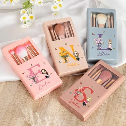 Callie Personalized Makeup Brush Set for Women – Custom Birth Flower Bouquet with Name Initial & Mirror – 5-Piece Gift Box