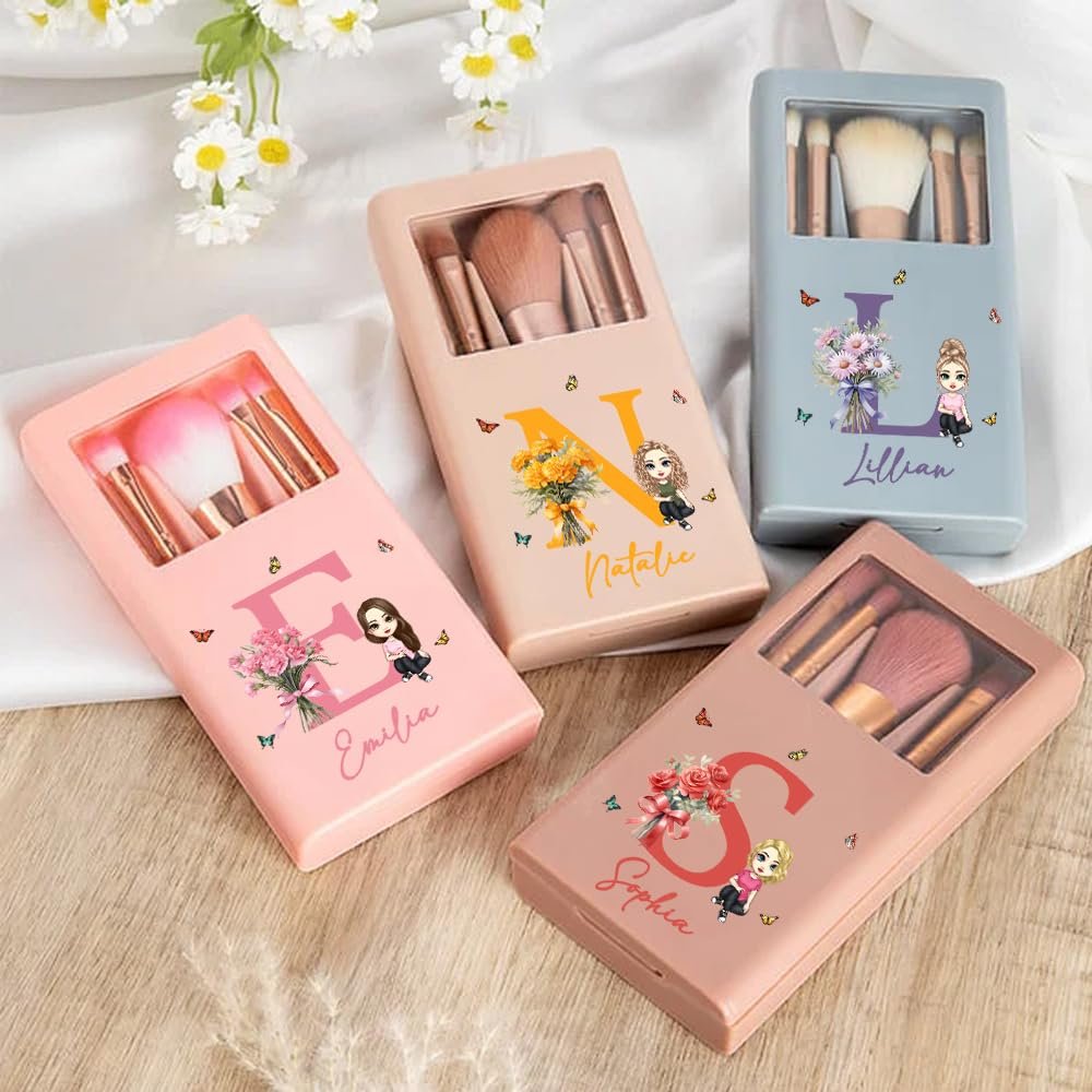 Callie Personalized Makeup Brush Set for Women – Custom Birth Flower Bouquet with Name Initial & Mirror – 5-Piece Gift Box - görsel 3