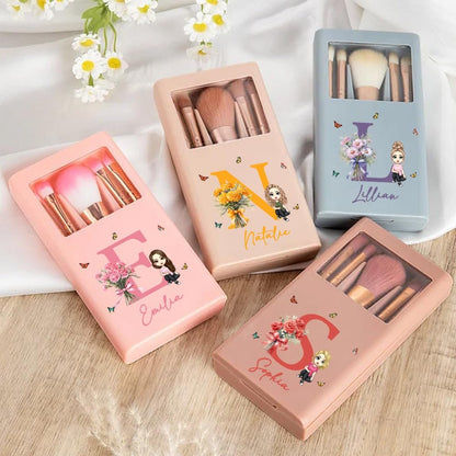 Callie Personalized Makeup Brush Set for Women – Custom Birth Flower Bouquet with Name Initial & Mirror – 5-Piece Gift Box