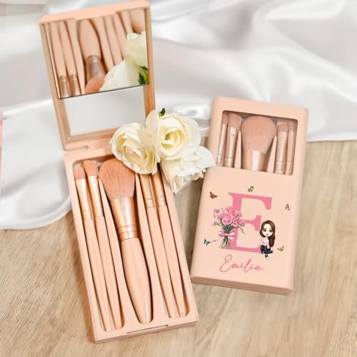 Callie Personalized Makeup Brush Set for Women – Custom Birth Flower Bouquet with Name Initial & Mirror – 5-Piece Gift Box - görsel 6