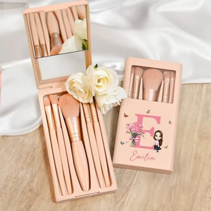 Callie Personalized Makeup Brush Set for Women – Custom Birth Flower Bouquet with Name Initial & Mirror – 5-Piece Gift Box