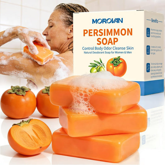 Morovan Persimmon Soap for Body Odor – 3 Bars Natural Persimmon Bar Soap for Old People Smell, Effective Odor Control for All Skin Types & Sensitive Skin