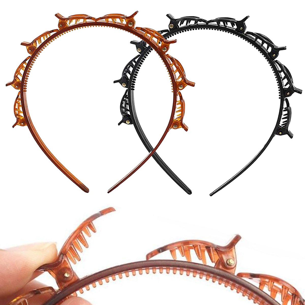 KornaDoz 2-Piece Double Layer Toothed Clip Headband Set - Black and Brown Hair Styling Accessories for Easy DIY Hairstyles - görsel 1
