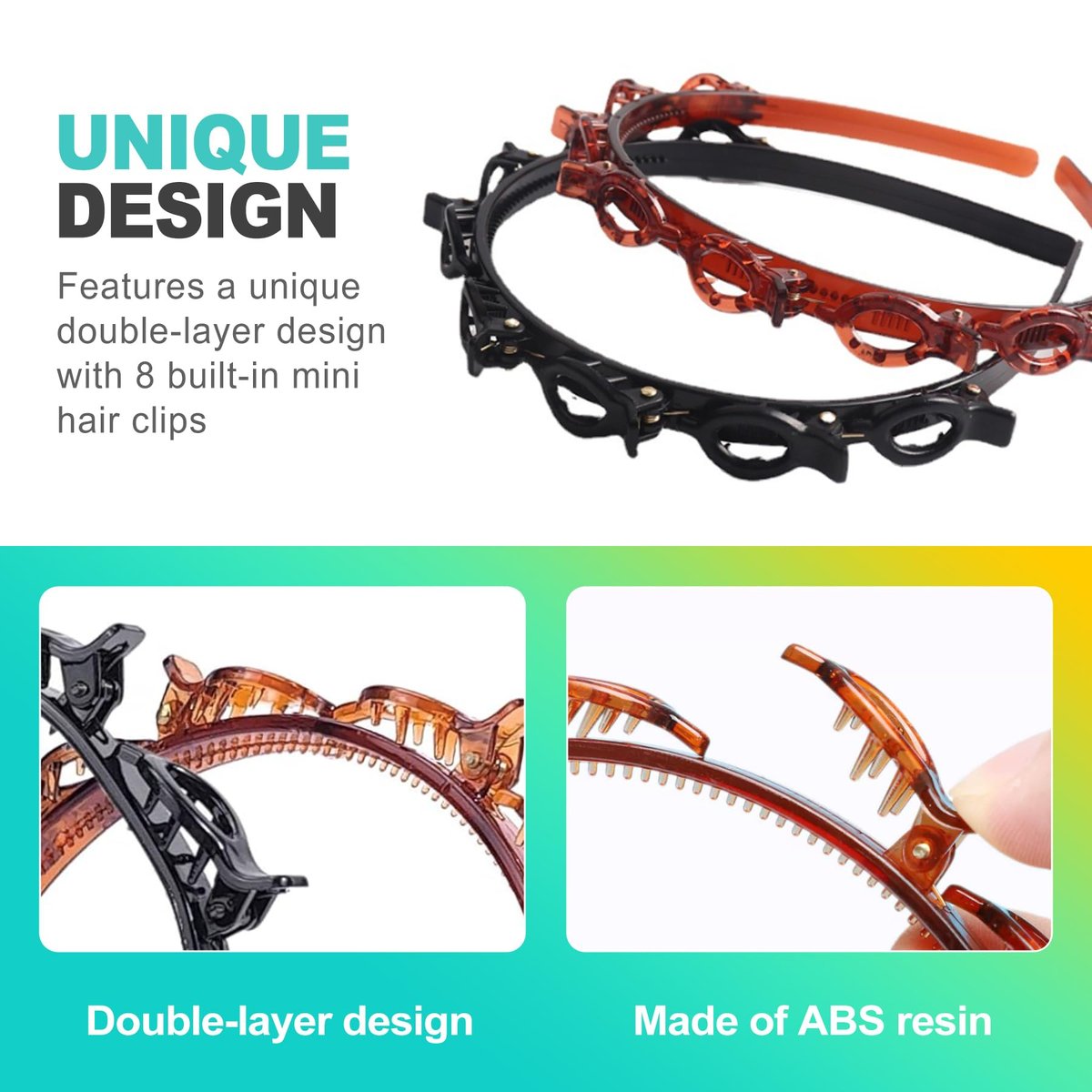 KornaDoz 2-Piece Double Layer Toothed Clip Headband Set - Black and Brown Hair Styling Accessories for Easy DIY Hairstyles - görsel 5