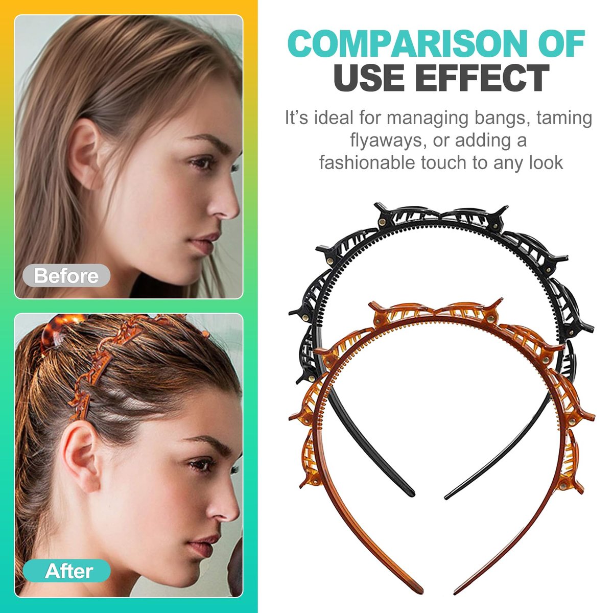 KornaDoz 2-Piece Double Layer Toothed Clip Headband Set - Black and Brown Hair Styling Accessories for Easy DIY Hairstyles - görsel 9