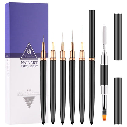 CHEMAILON 6-Pack Dual-Ended Nail Art Liner Brushes for Poly Extension Sculpture Gel – Fine Drawing Sizes 5/8/11/19/24mm