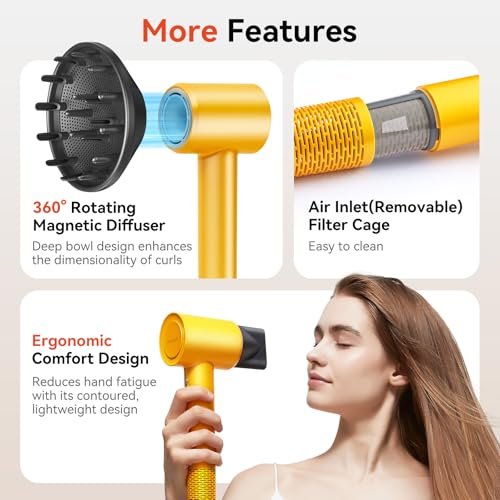 Rizzdeek 500 Million Ion Hair Dryer - 160,000 RPM High Speed Fast Drying Low Noise Blow Dryer for Home and Travel, Dark Yellow - görsel 16