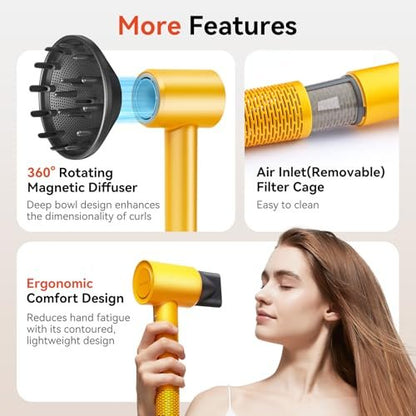 Rizzdeek 500 Million Ion Hair Dryer - 160,000 RPM High Speed Fast Drying Low Noise Blow Dryer for Home and Travel, Dark Yellow