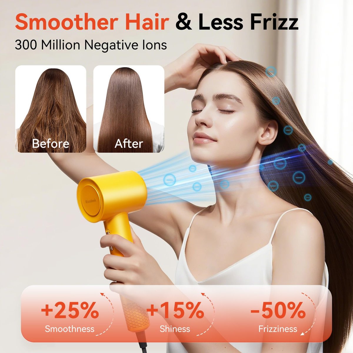 Rizzdeek 500 Million Ion Hair Dryer - 160,000 RPM High Speed Fast Drying Low Noise Blow Dryer for Home and Travel, Dark Yellow - görsel 9