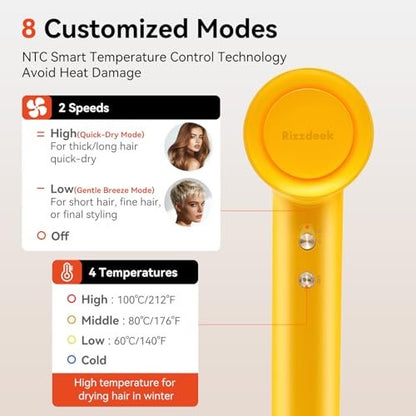 Rizzdeek 500 Million Ion Hair Dryer - 160,000 RPM High Speed Fast Drying Low Noise Blow Dryer for Home and Travel, Dark Yellow
