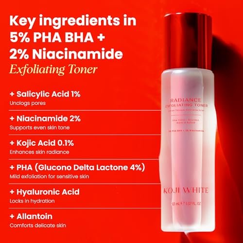 Koji White Exfoliating Toner for Face – 5% PHA BHA Toner with 2% Niacinamide, Kojic Acid & Hyaluronic Acid – Hydrating & Soothing Facial Toner – Unscented for Sensitive Skin, Vegan Skincare, 5.07 Fl Oz - görsel 10