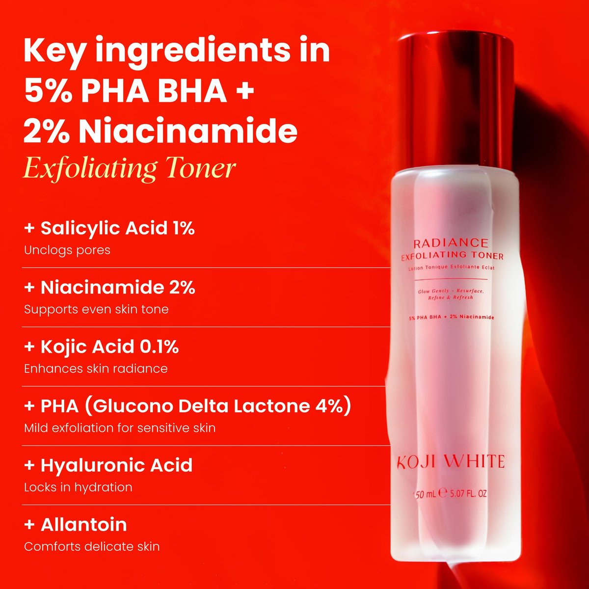 Koji White Exfoliating Toner for Face – 5% PHA BHA Toner with 2% Niacinamide, Kojic Acid & Hyaluronic Acid – Hydrating & Soothing Facial Toner – Unscented for Sensitive Skin, Vegan Skincare, 5.07 Fl Oz - görsel 9