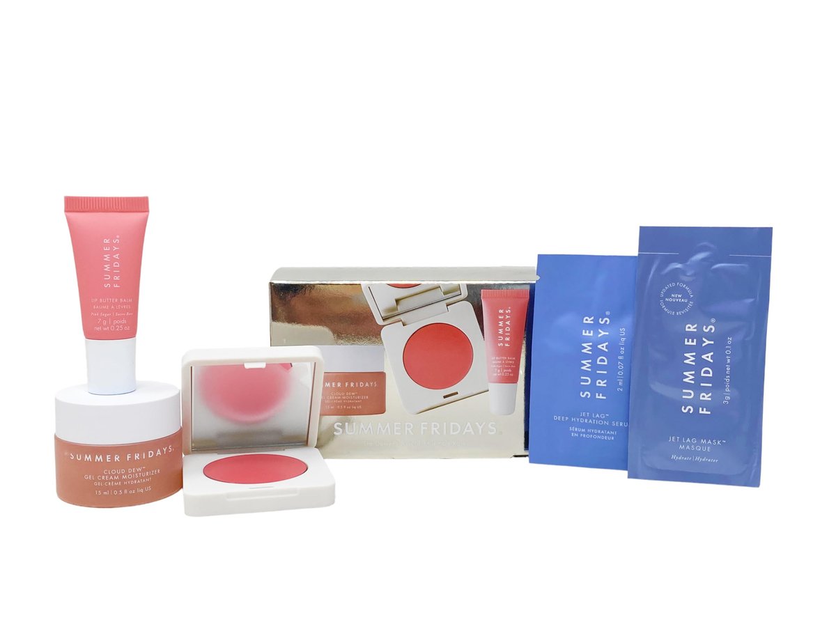 Summer Fridays The Dewy Pink Set: Gel Cream Moisturizer, Lip Balm in Pink Sugar, and Bush Butter Balm in Pink Sunset Avelisse