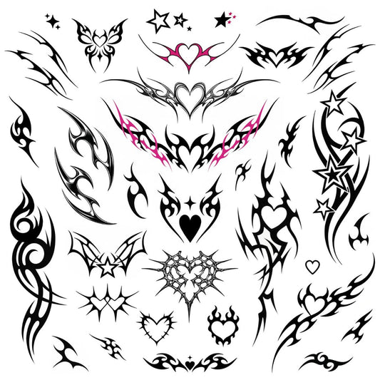 Pixel Hearts Edgy Y2K Temporary Tattoos | CyberSigilism Tramp Stamps | Realistic Waterproof Fake Tats for Festival, Bachelorette, Halloween, Birthday