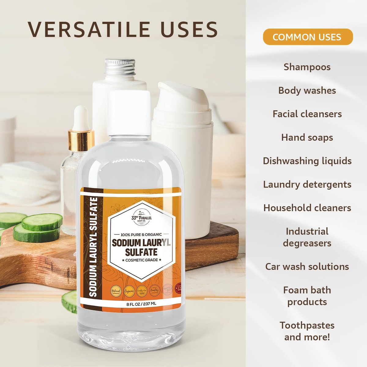 33RD PARALLEL SOAP CO. Sodium Lauryl Sulfate (SLS) Liquid (8oz) - Powerful Foaming Cleanser & Emulsifier for Shampoos, Body Wash, Soaps, Detergents & Household Cleaning Products Avelisse