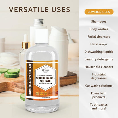 33RD PARALLEL SOAP CO. Sodium Lauryl Sulfate (SLS) Liquid (8oz) - Powerful Foaming Cleanser & Emulsifier for Shampoos, Body Wash, Soaps, Detergents & Household Cleaning Products Avelisse