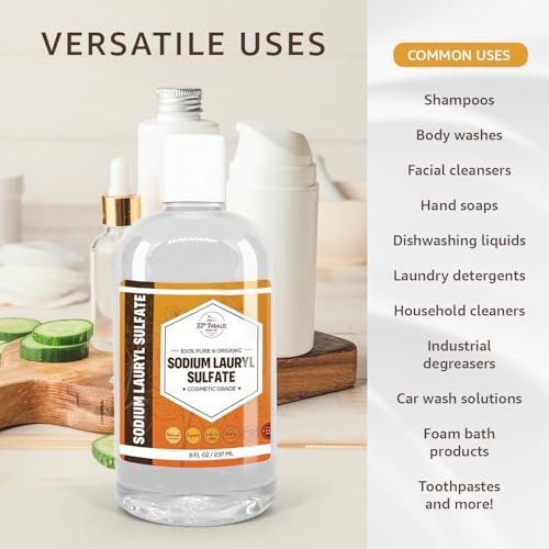 33RD PARALLEL SOAP CO. Sodium Lauryl Sulfate (SLS) Liquid (8oz) - Powerful Foaming Cleanser & Emulsifier for Shampoos, Body Wash, Soaps, Detergents & Household Cleaning Products Avelisse