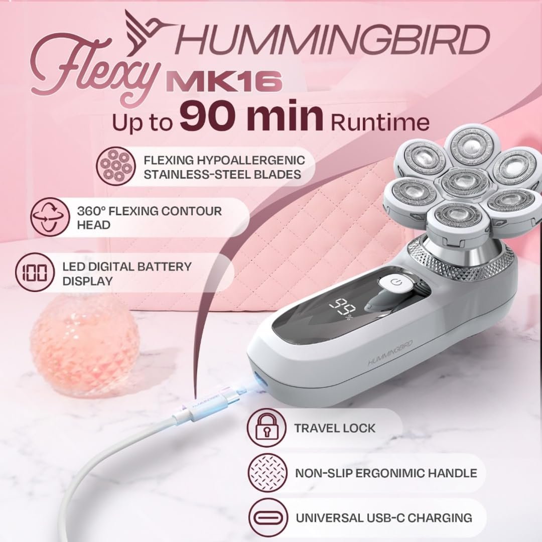 HUMMINGBIRD Flexy Electric Razors for Women – Cordless Rechargeable Waterproof Leg Shaver & Hair Removal Kit with Exfoliator, Cleanser, Travel Case, and Bikini Trimmer Avelisse