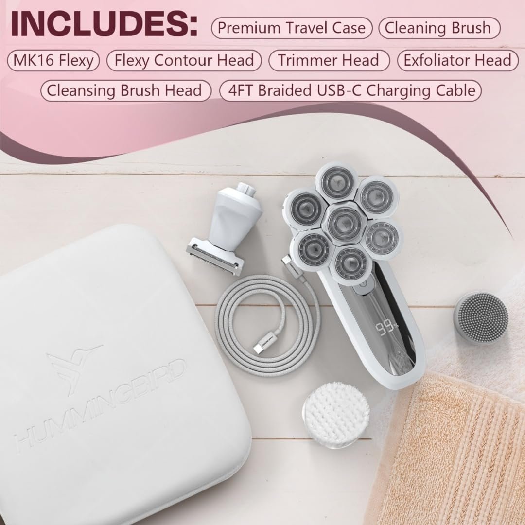 HUMMINGBIRD Flexy Electric Razors for Women – Cordless Rechargeable Waterproof Leg Shaver & Hair Removal Kit with Exfoliator, Cleanser, Travel Case, and Bikini Trimmer Avelisse