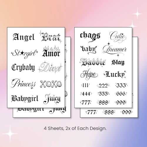 Pixel Hearts Sassy Script Temporary Tattoos | Y2K Gothic Words and Angel Numbers | Waterproof Fake Tats for Adults - görsel 6