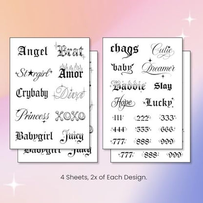 Pixel Hearts Sassy Script Temporary Tattoos | Y2K Gothic Words and Angel Numbers | Waterproof Fake Tats for Adults